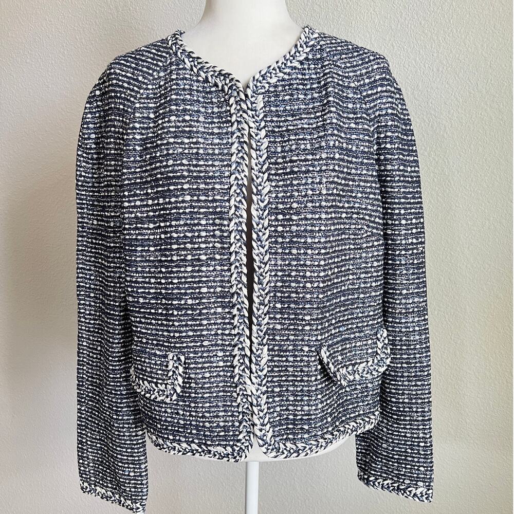 St. John Camille Knit Blue Raglan Sleeve Jacket Women's 10 Stretch Wool Dog Show - Picture 2 of 9